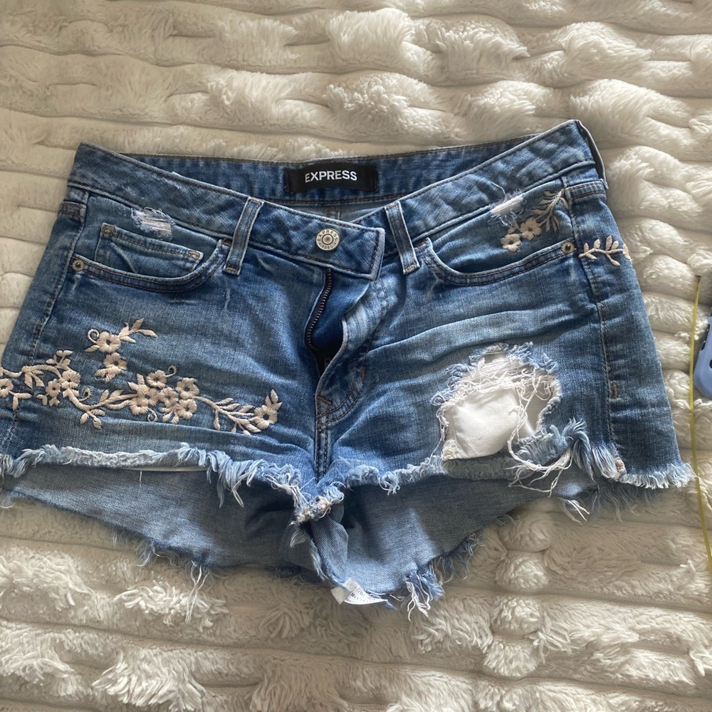 Express Blue Denim Embroidered Ripped Jean Shorts
